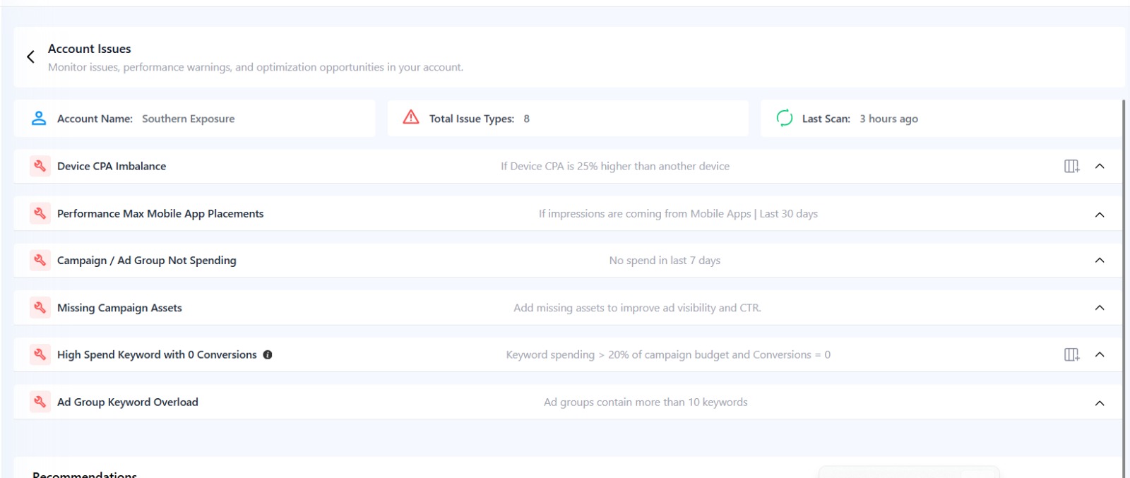 Adtunez PPC audit dashboard showing automated issue detection across multiple Google Ads campaigns