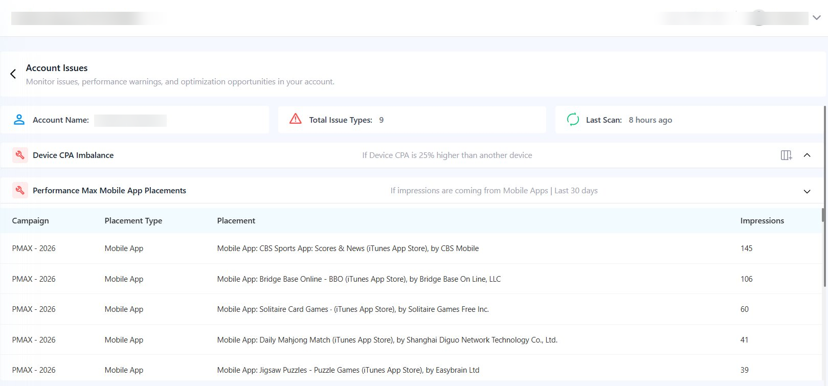 Adtunez Performance Max Mobile App Placements report showing wasteful mobile gaming app placements